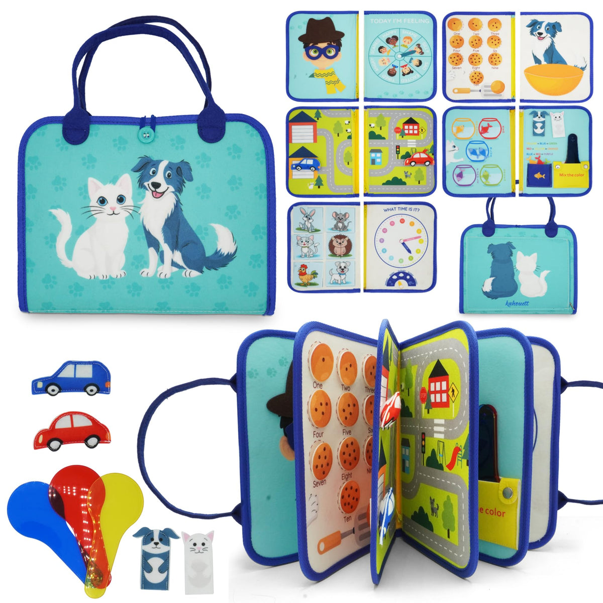 KAHOUETT Montessori Busy Board Book cover page for calm, screen free travel play