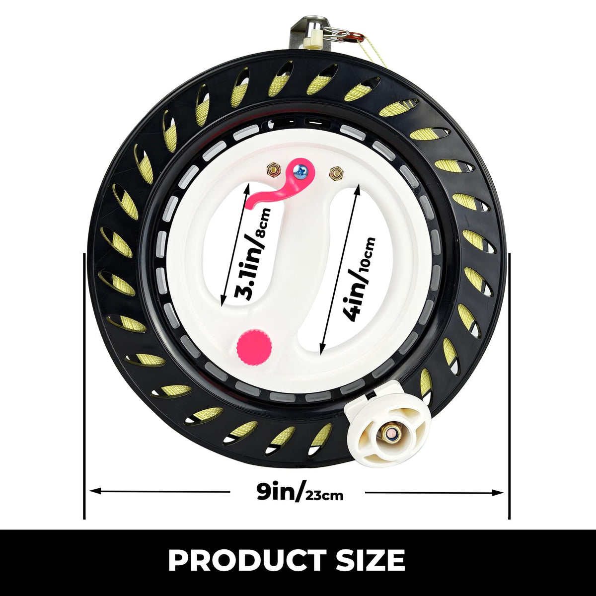 Kaiciuss reel showing 23cm diameter wheel for larger kites.