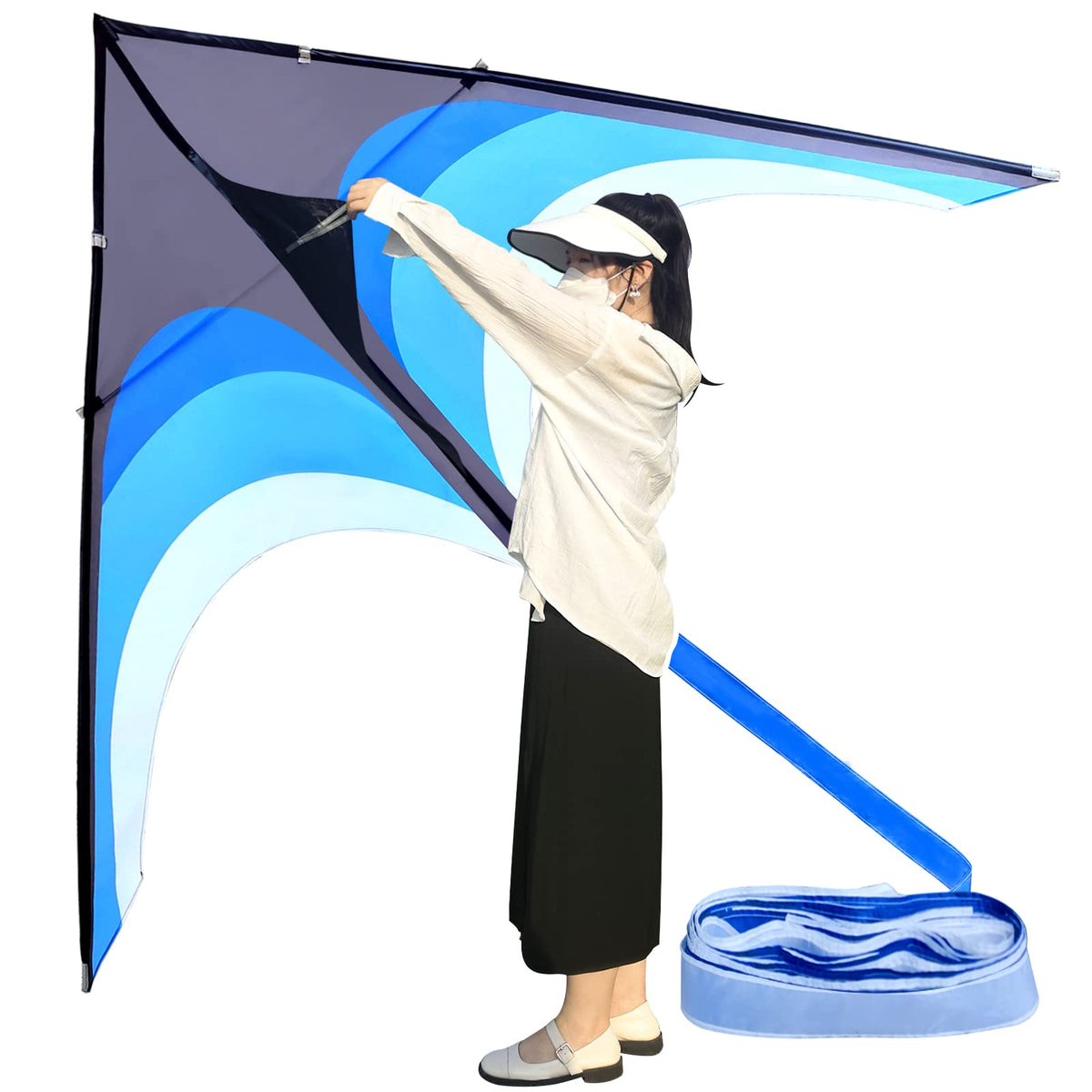 Kaiciuss Huge Delta Kite 9ft blue taking off at the beach for dramatic visibility
