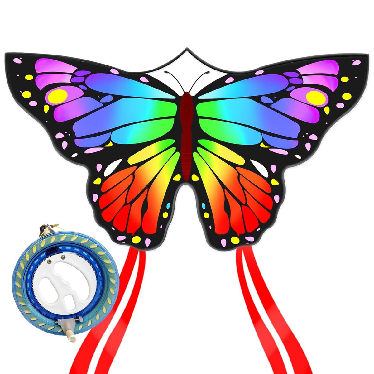 Kaiciuss large rainbow butterfly kite with reel for easy starts and color in the sky.