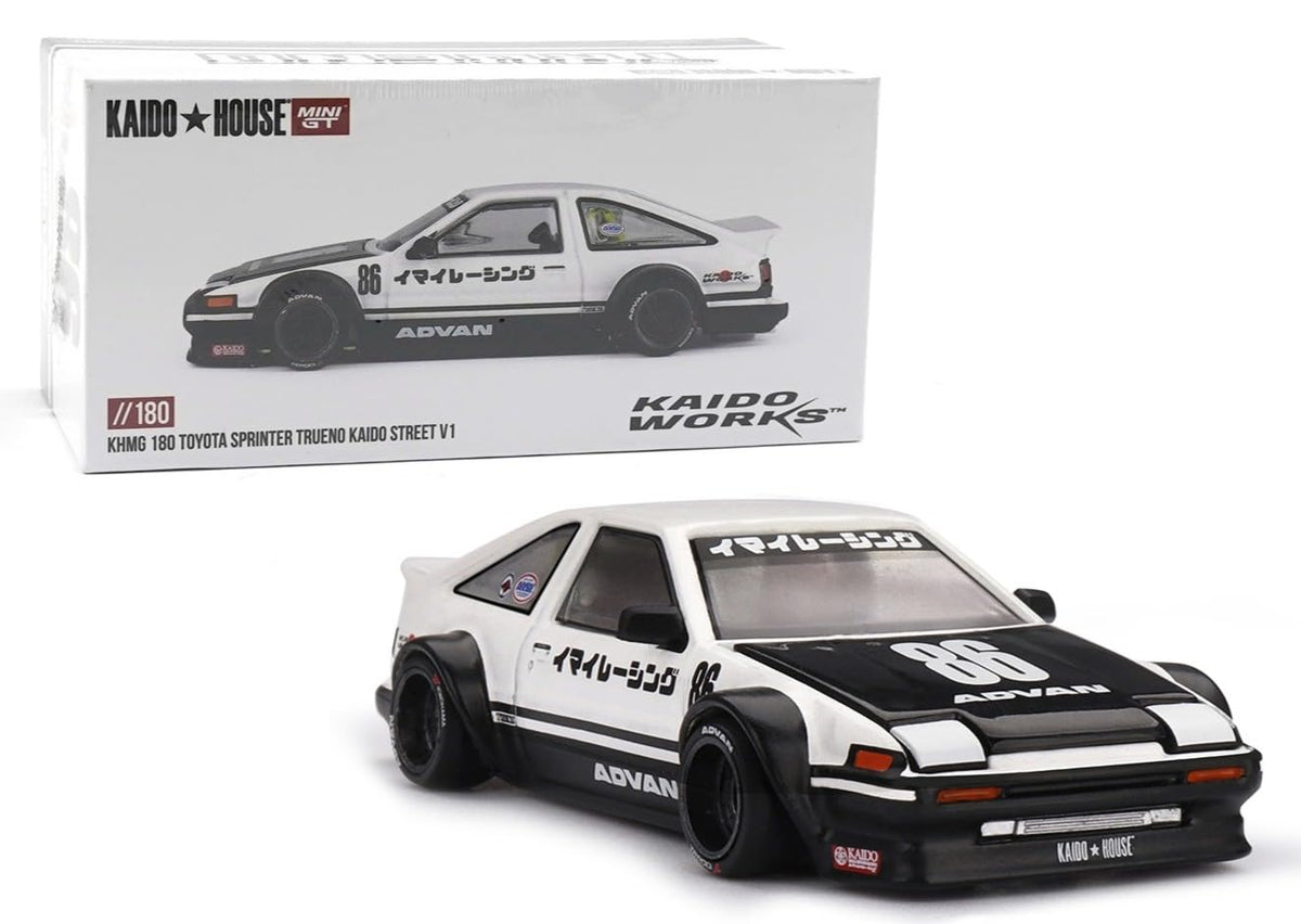 Kaido House x Mini GT KHMG180 AE86 with hood open for authentic display
