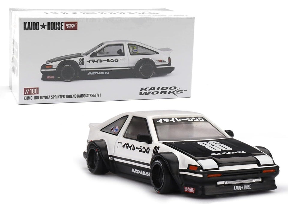 Kaido House x Mini GT KHMG180 AE86 with hood open for authentic display