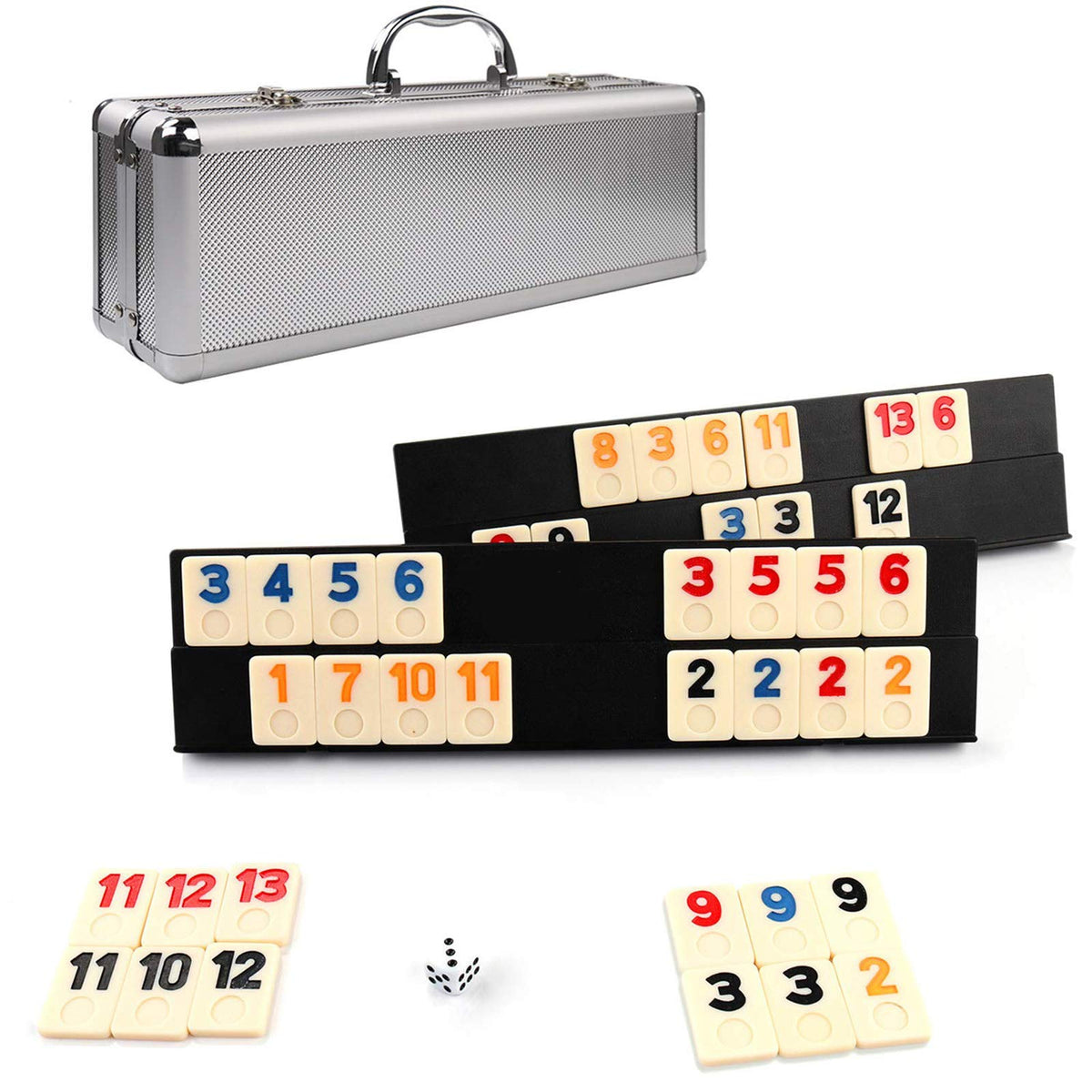 KAILE 106 Rummy tiles with aluminum case for easy travel storage.