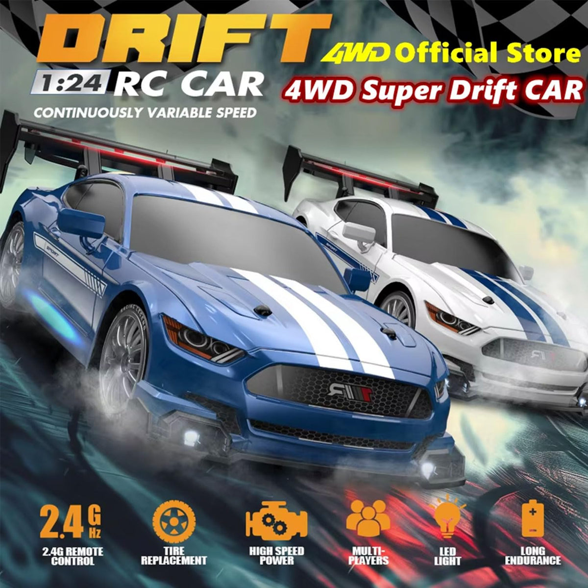 KAIMIO RC drift car LED headlights highlight night driving visibility and style.