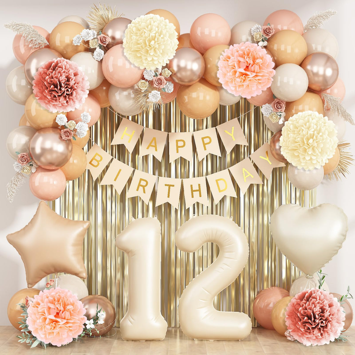 KAINSY beige 12th birthday balloon centerpiece for a chic milestone setup