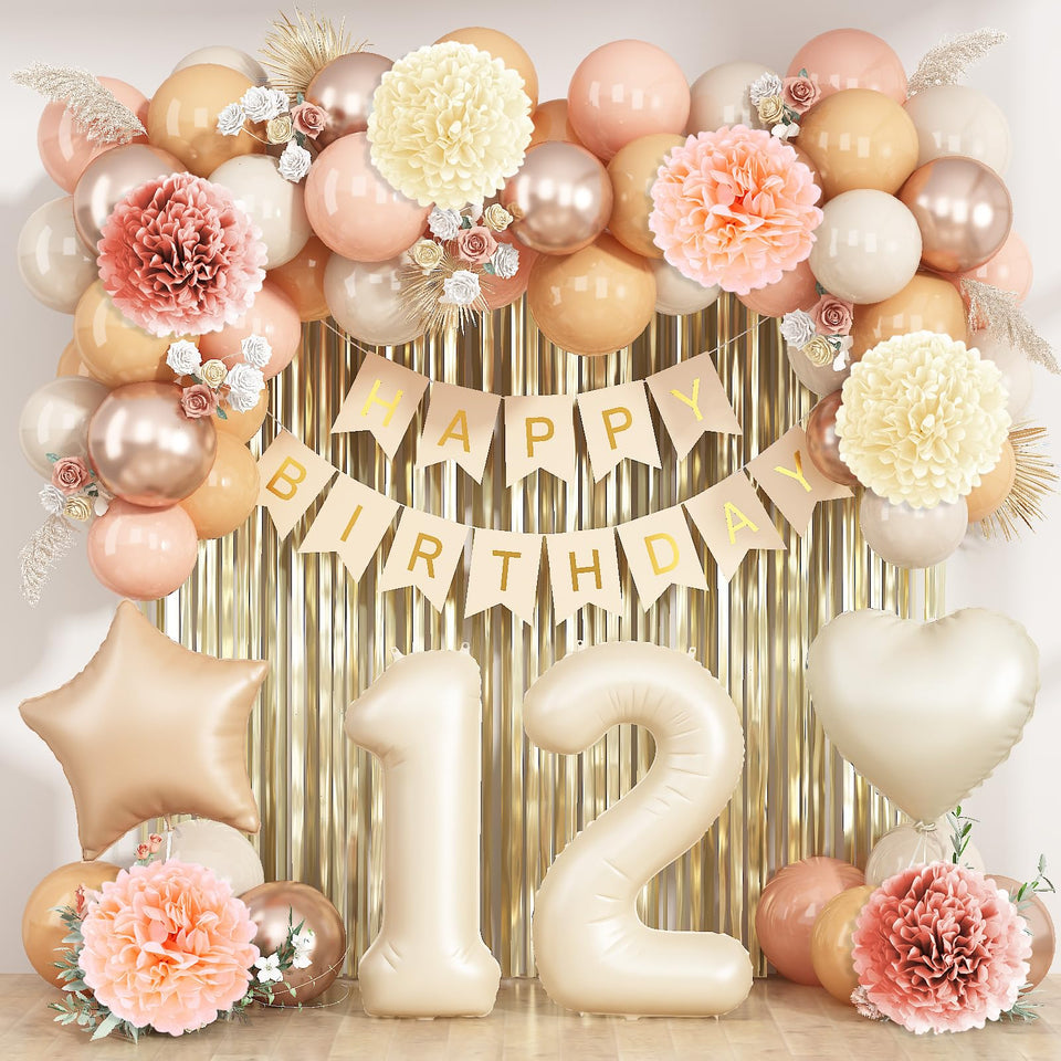 KAINSY beige 12th birthday balloon centerpiece for a chic milestone setup