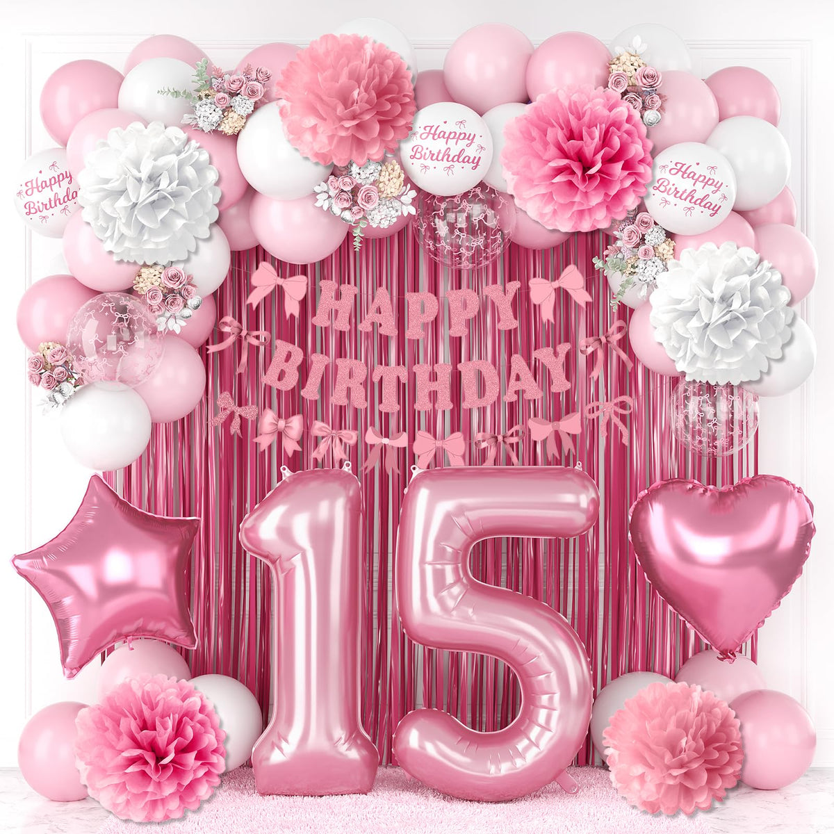 KAINSY pink number 15 balloon centerpiece for a stylish milestone party
