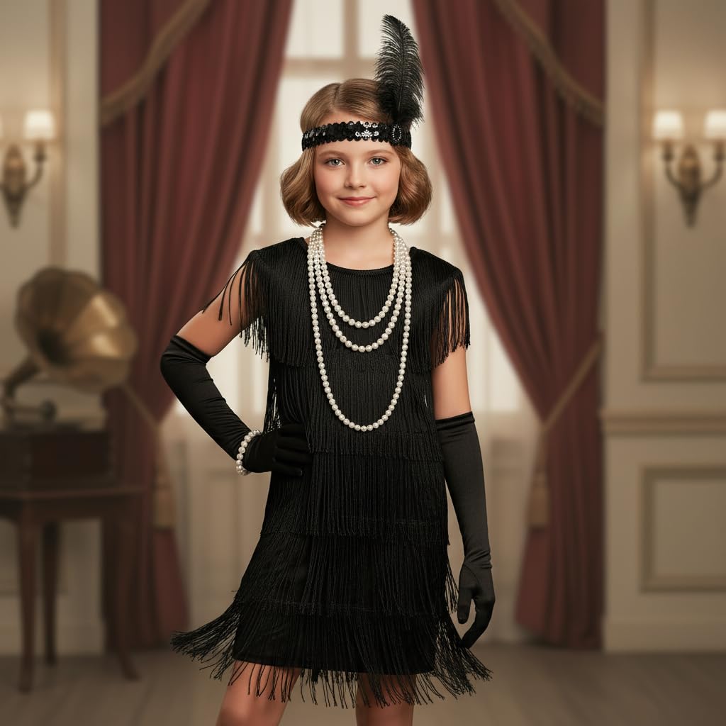 KAIPUTE kids 1920s flapper dress fringe back view ideal for photos.