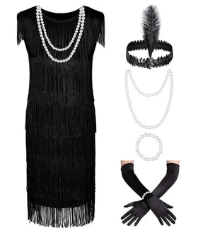 KAIPUTE kids 1920s flapper dress fringe front view for festive party looks.
