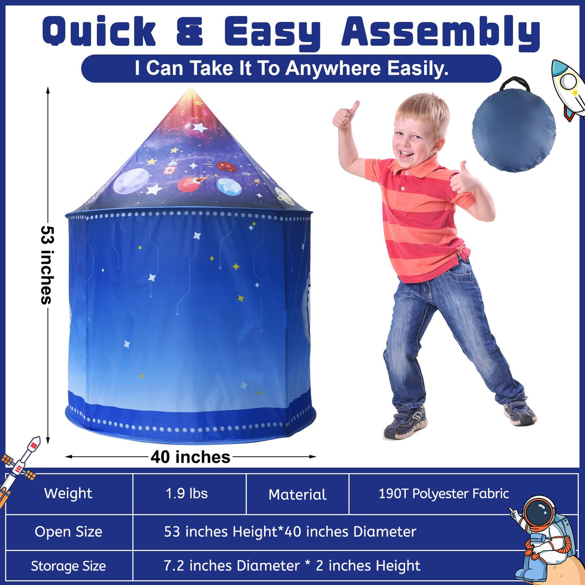 Kaivee Rocket Ship Space Pop Up Tent interior offers cozy space for toys and cushions.