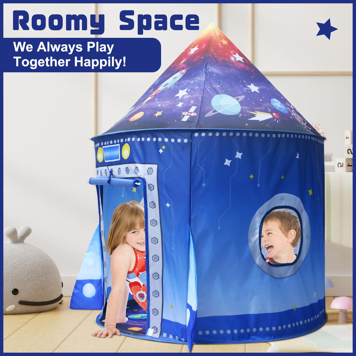 Kaivee Rocket Ship Space Pop Up Tent features porthole windows for imaginative space viewing.
