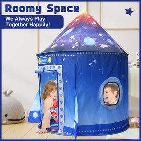 Kaivee Rocket Ship Space Pop Up Tent features porthole windows for imaginative space viewing.