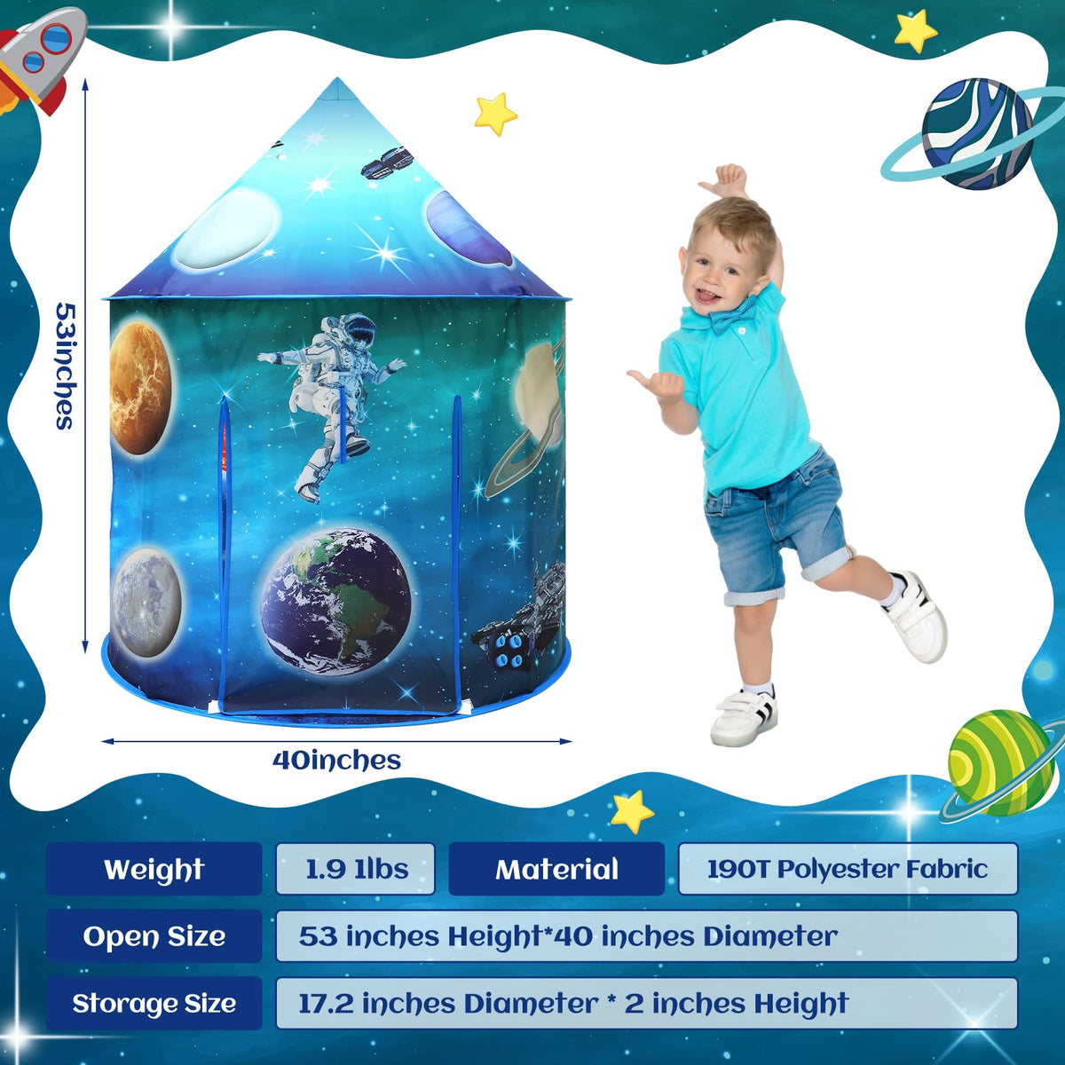 KAIVEE Space World Play Tent durable polyester construction supports years of space adventures.