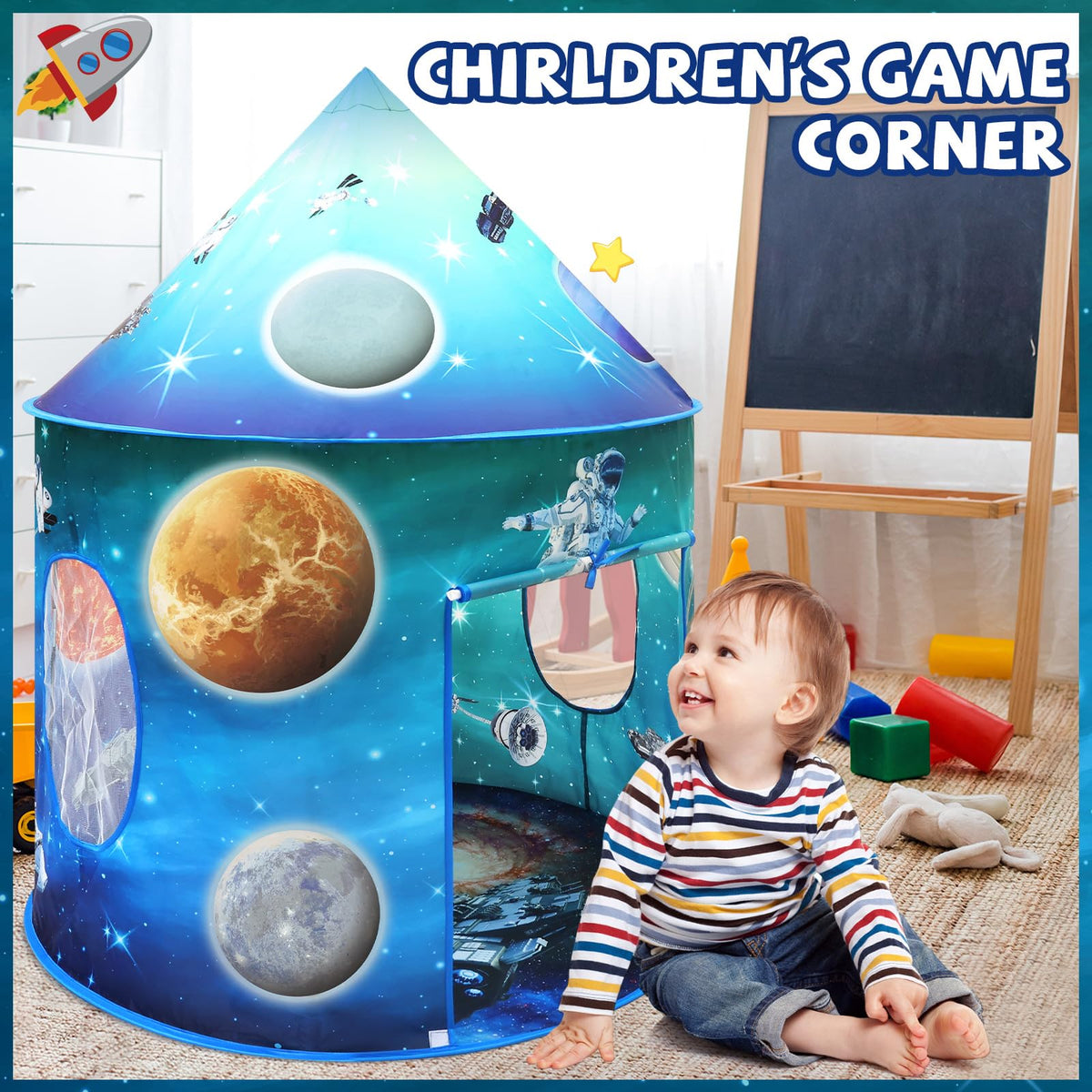 KAIVEE Space World Play Tent features planets design, inspiring curious exploration in kids.