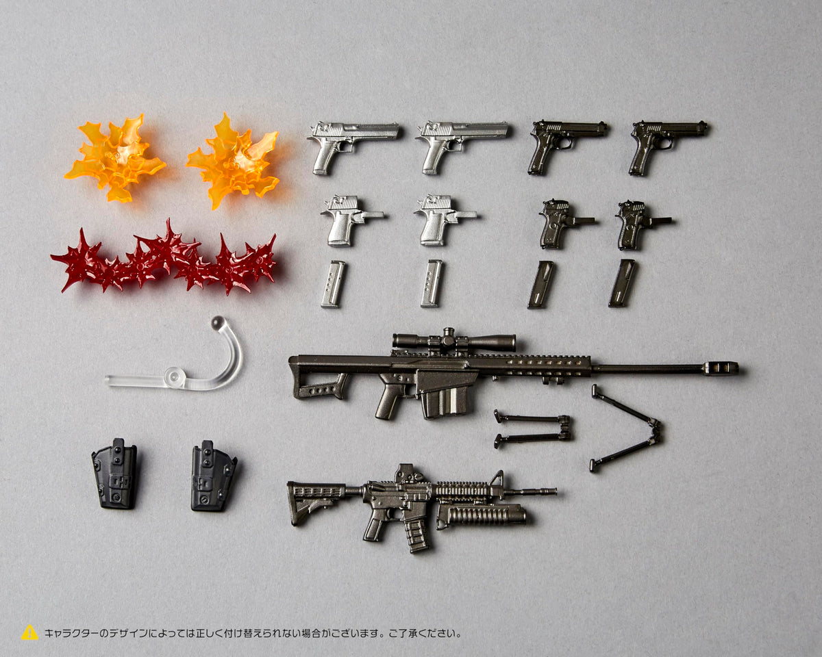 Kaiyodo Revoltech Desert Eagle pistol with magazines and holsters for display.
