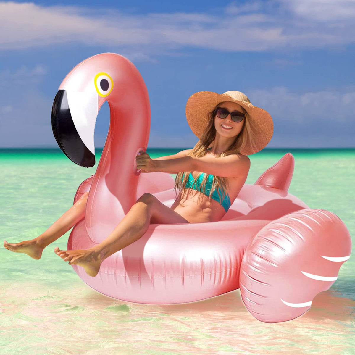 Kakashi giant flamingo pool float deflates for easy storage