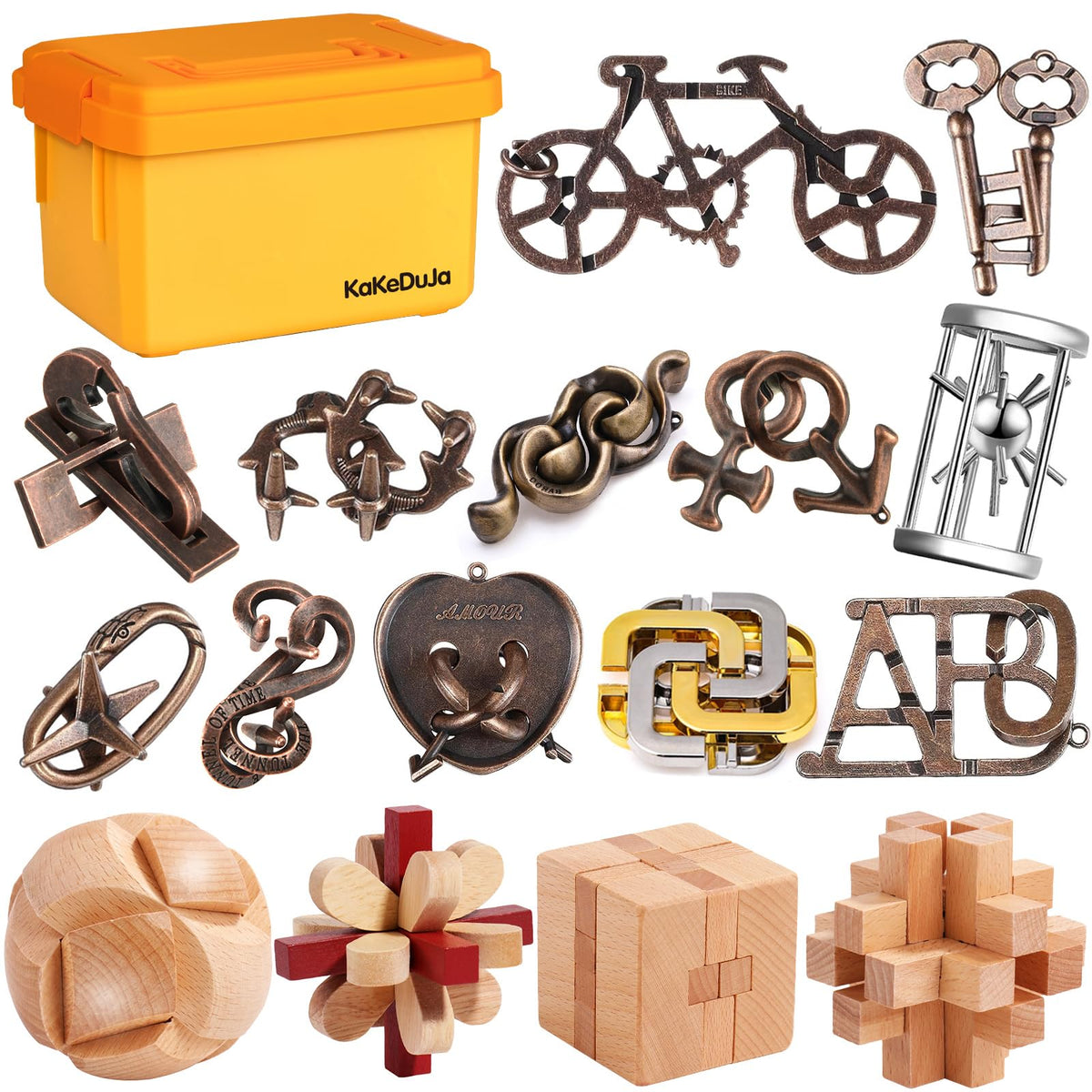 KaKeDuJa 16-piece brain teaser set in box for gifting and solo challenges.