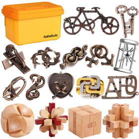 KaKeDuJa 16-piece brain teaser set in box for gifting and solo challenges.