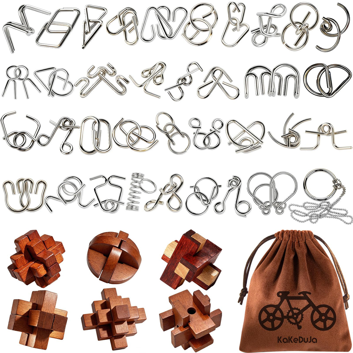 KaKeDuJa 42pcs metal brain teaser puzzles set for focused challenge and family fun.
