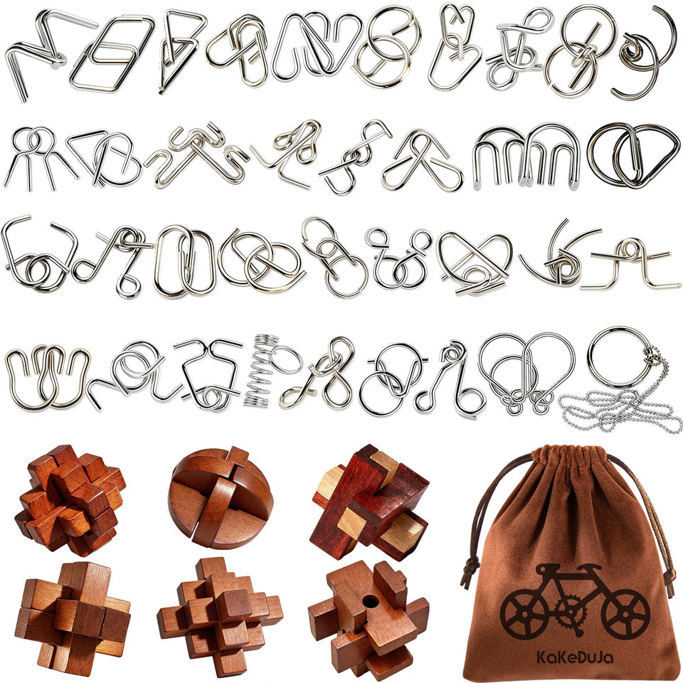 KaKeDuJa 42pcs metal brain teaser puzzles set for focused challenge and family fun.