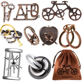 KaKeDuJa 9-piece metal brain teaser set front view, engaging challenge for all ages.