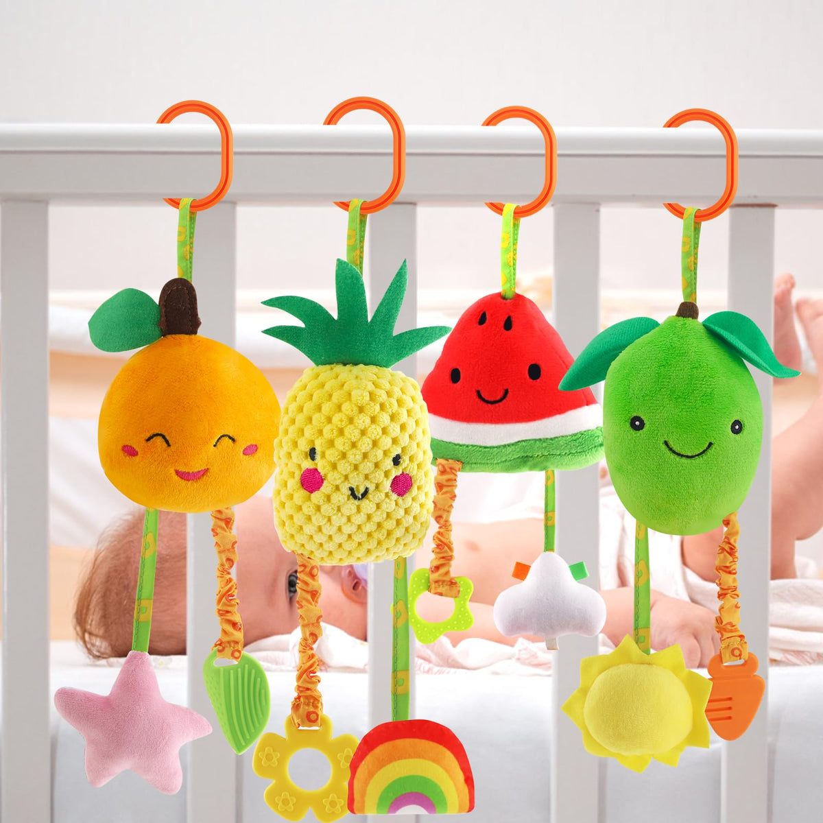 KAKIBLIN baby hanging rattle fruits pack 02: sensory toy attached to car seats.