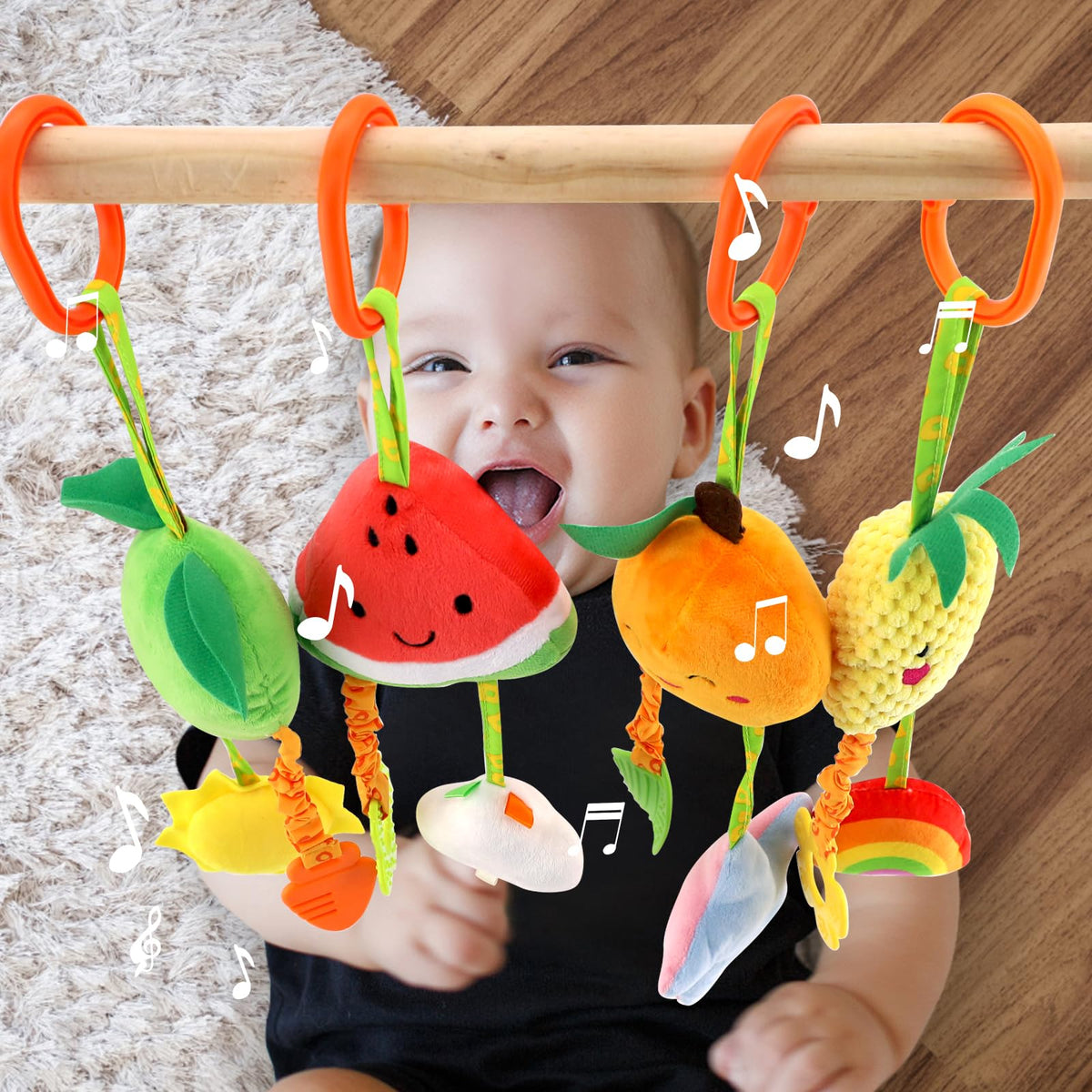 KAKIBLIN baby hanging rattle fruits pack 04: colorful fruit shapes encourage visual tracking.