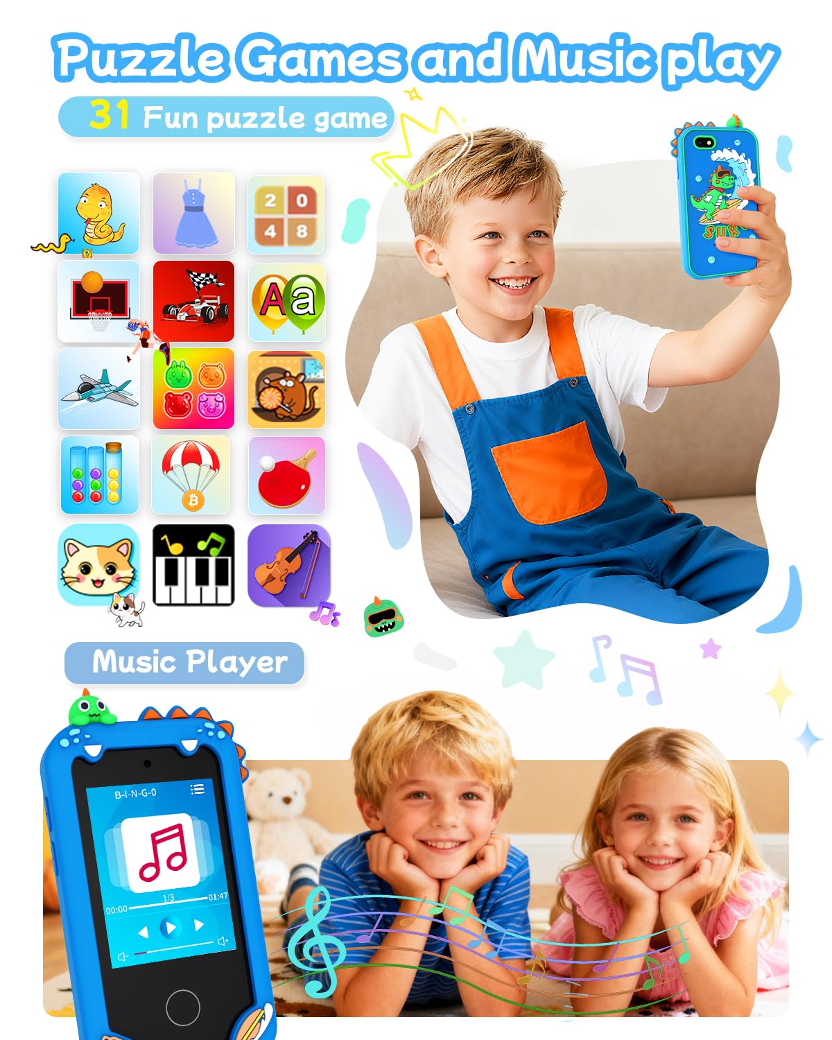 KAKTIN kids smart phone blue display menu, engaging educational games