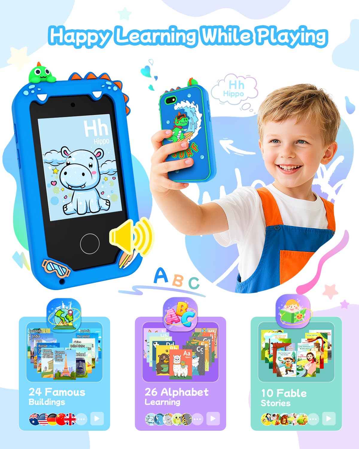 KAKTIN kids smart phone blue dual cameras, encourages creative photo moments