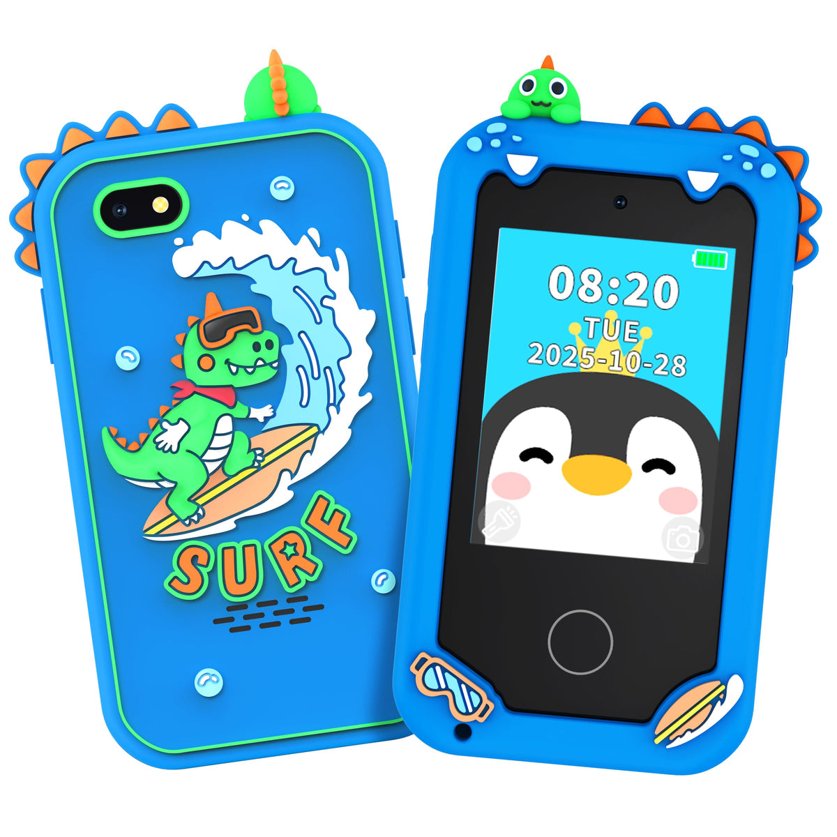 KAKTIN kids smart phone blue front view, durable shell for daily pretend play