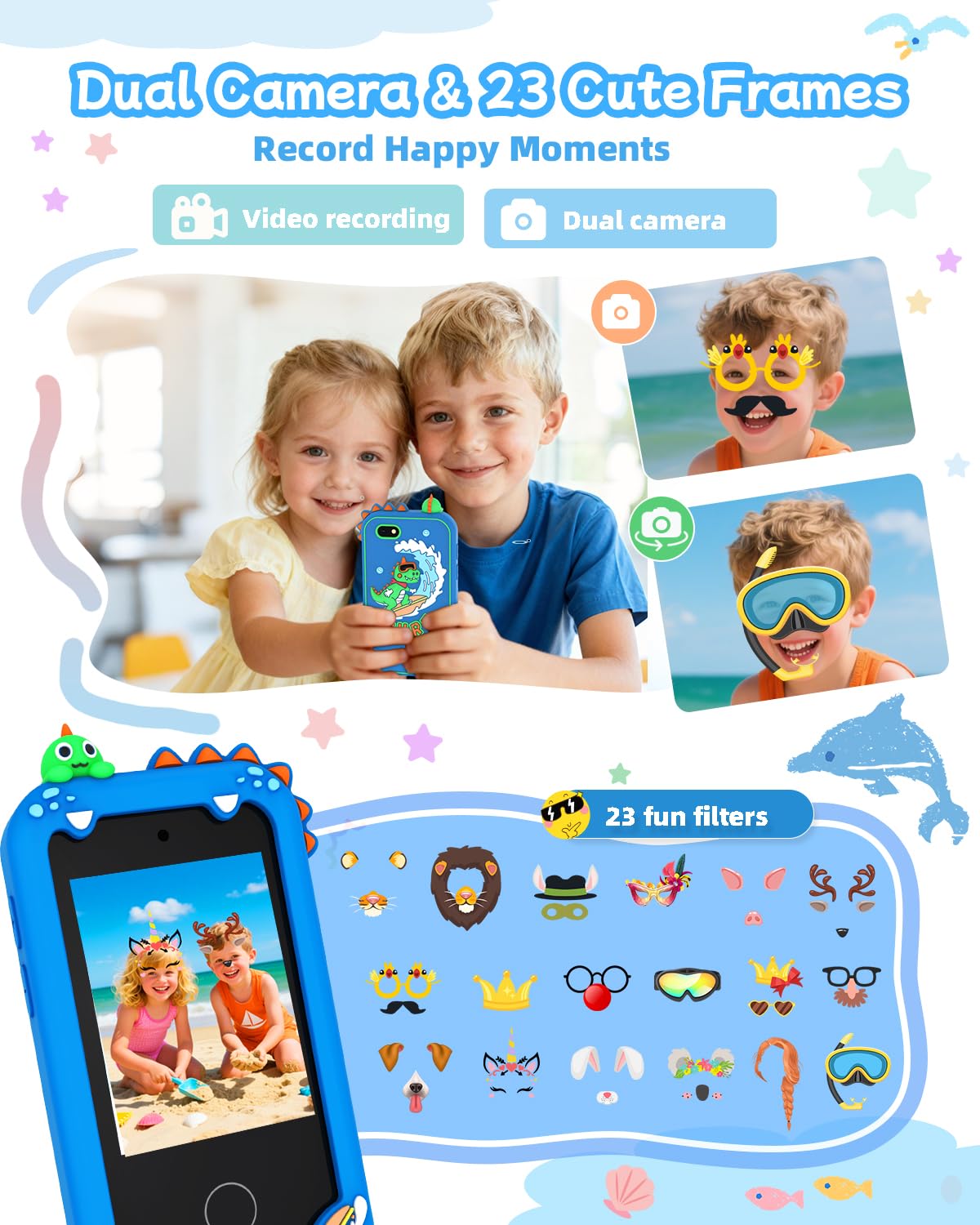 KAKTIN kids smart phone blue on child hand, easy access for little fingers