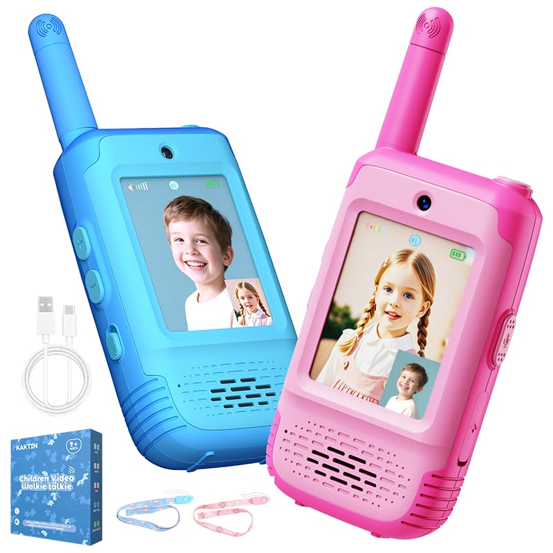 KAKTIN video walkie talkies front view blue-pink for kids, easy remote play.