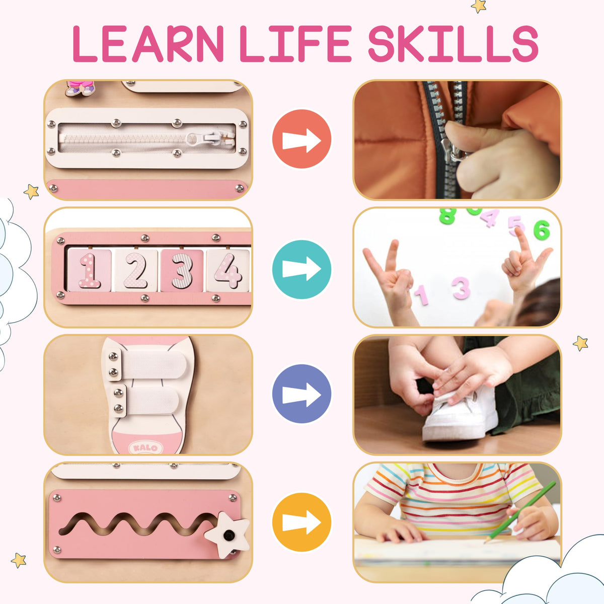 KALOTOYS abacus and spinning gears boost hand-eye coordination.