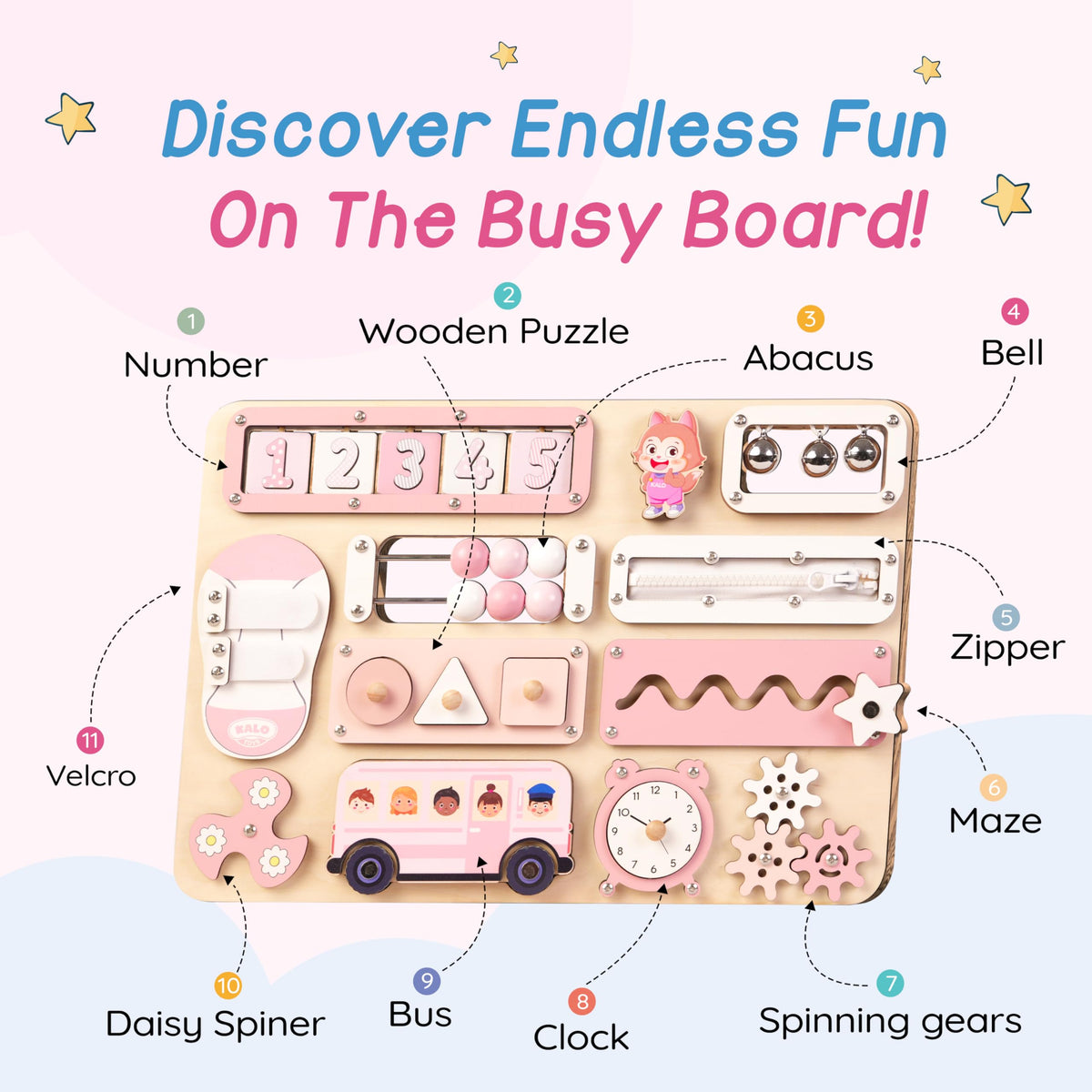KALOTOYS bus toy with detachable wheels supports independent play during travel.