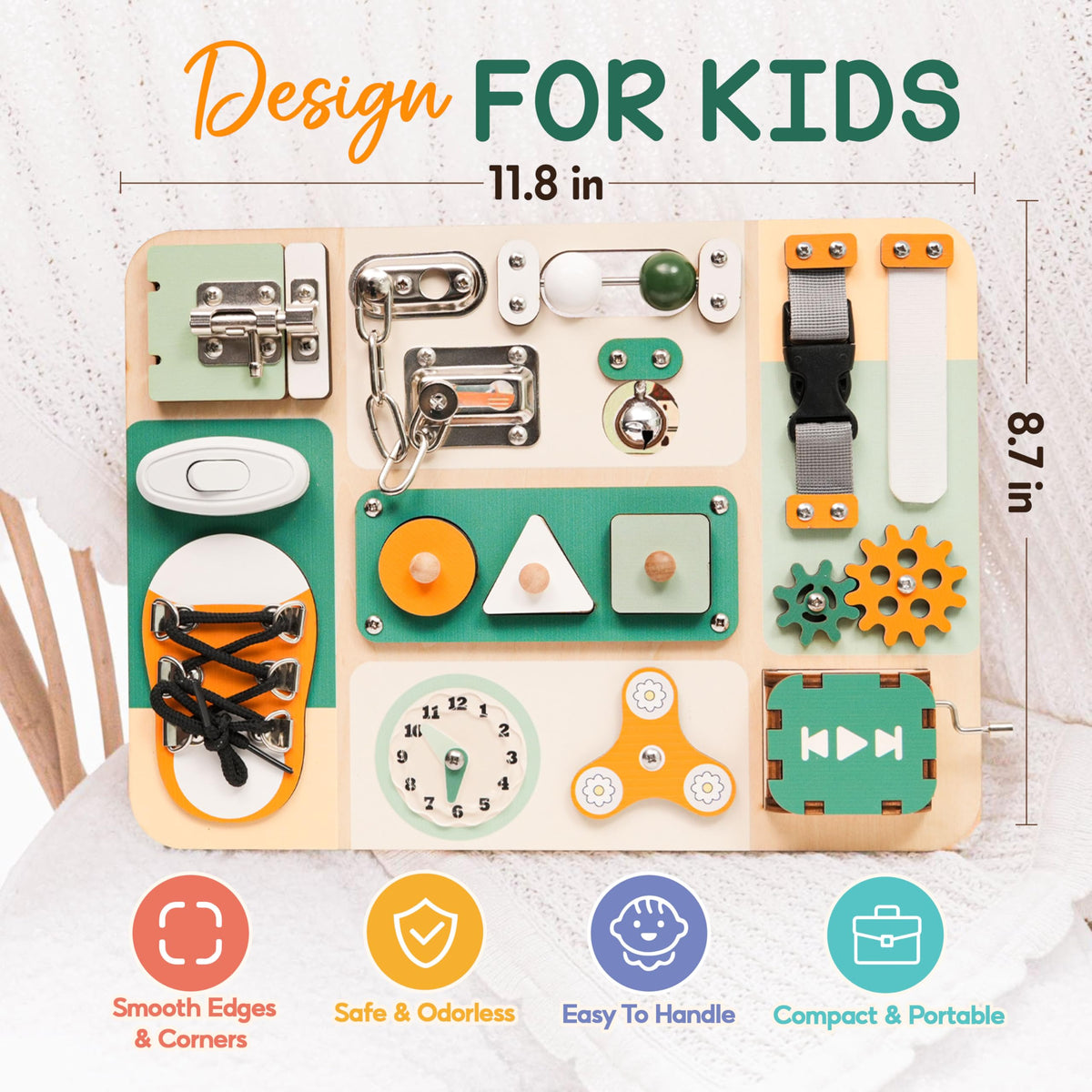 Kalotoys busy board buckle straps and shoelace for fine motor control