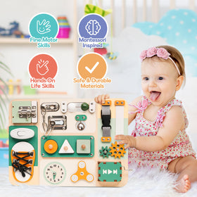 Kalotoys busy board Velcro and clock activity for sequencing practice