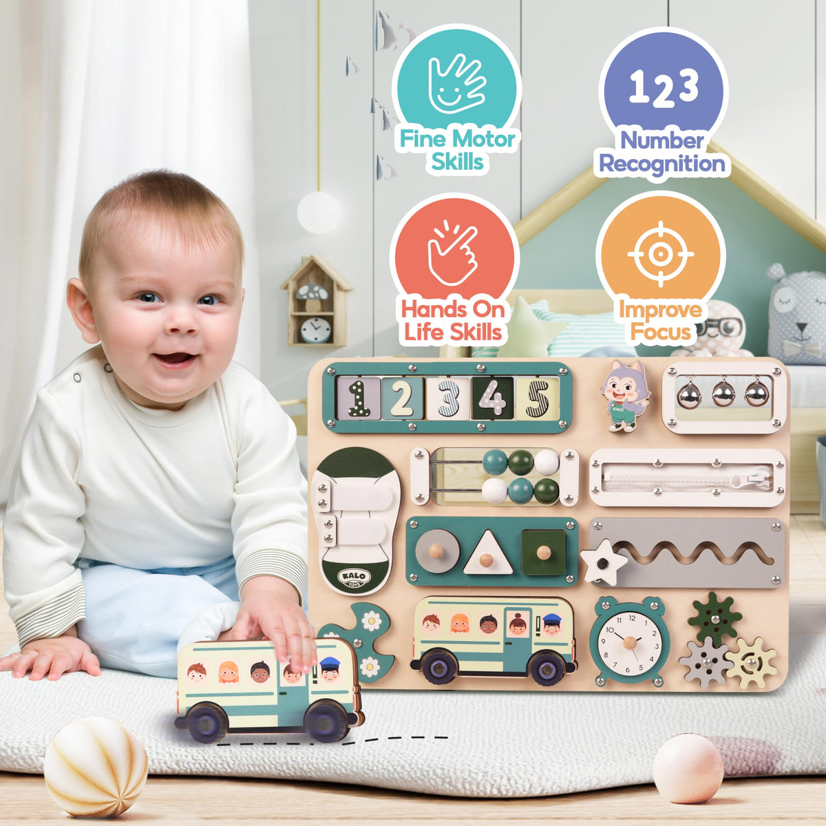 Kalotoys large busy board detachable bus toy promotes independent play