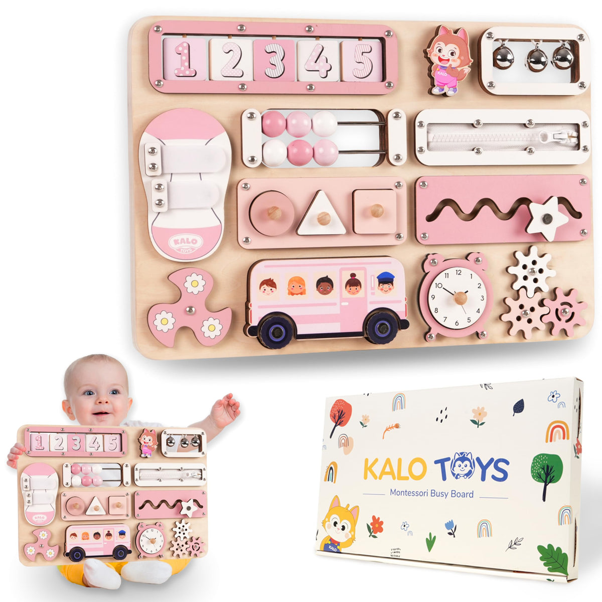 KALOTOYS large Montessori Busy Board 17-inch offers ample space for fine motor exploration.