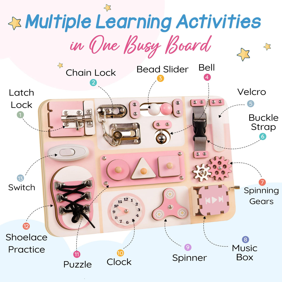KALOTOYS Busy Board locks and latches showcasing durable metal hardware