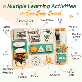 Kalotoys busy board with metal locks and latches for cause-and-effect practice