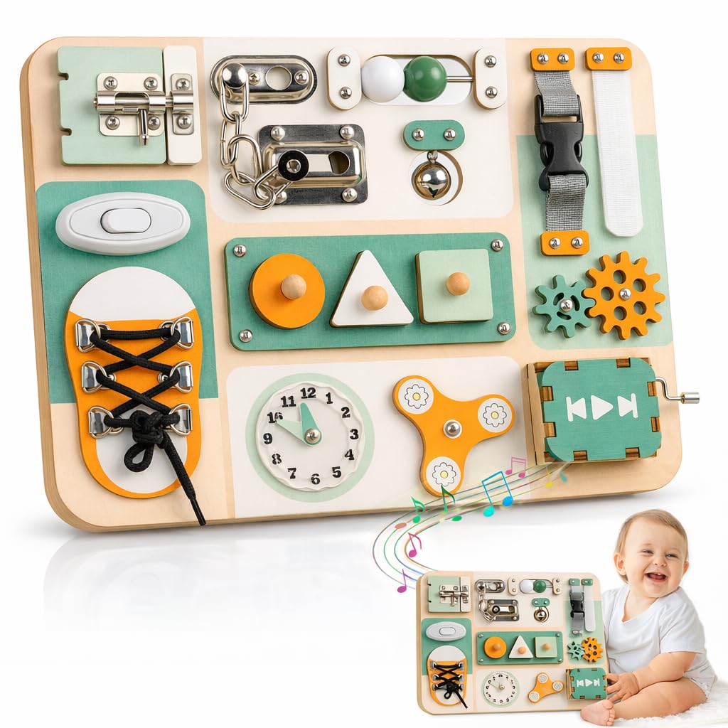 Kalotoys Montessori busy board showing wooden activity panel for durable play and learning