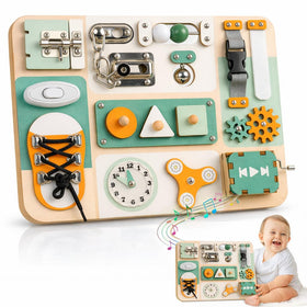 Kalotoys Montessori busy board showing wooden activity panel for durable play and learning