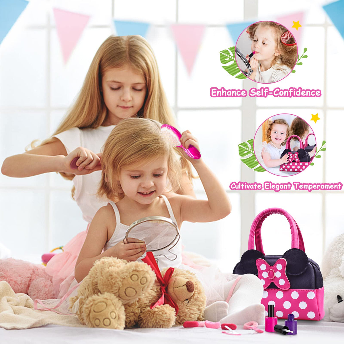 Kaodezhu pretend purse makeup kit includes safe, imaginary makeup pieces