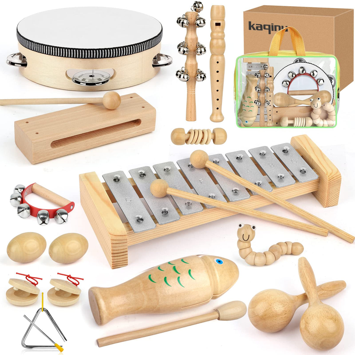 Kaqinu 23-piece wooden instrument set for kids, safe and educational.