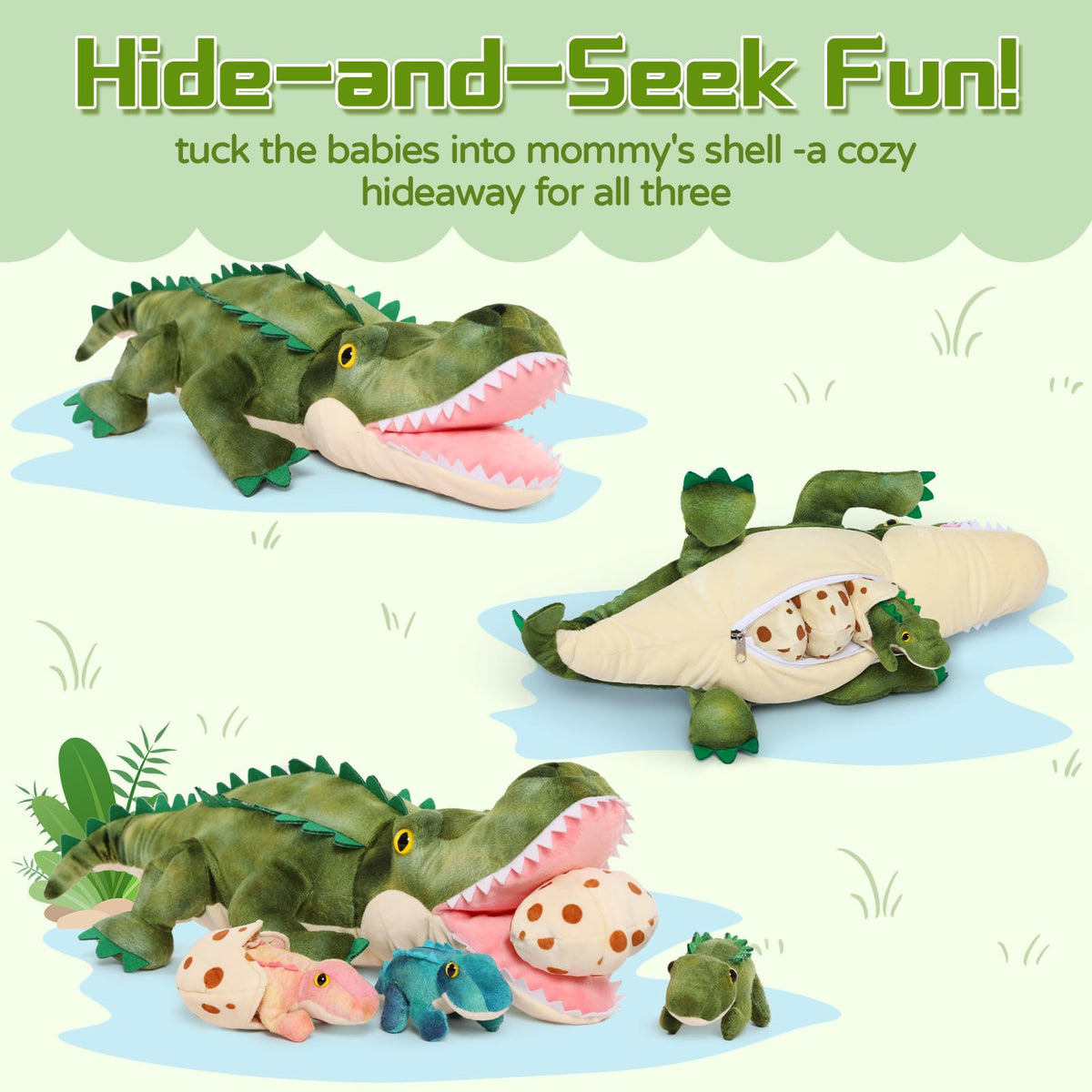 Karister giant crocodile with three baby alligators for storytelling and role-play adventures.