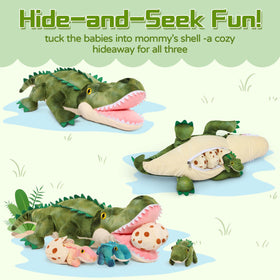 Karister giant crocodile with three baby alligators for storytelling and role-play adventures.