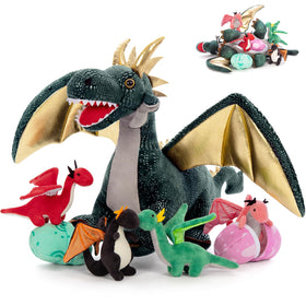 Karister giant dragon plush mother with zippered belly for easy storage and cuddle play.