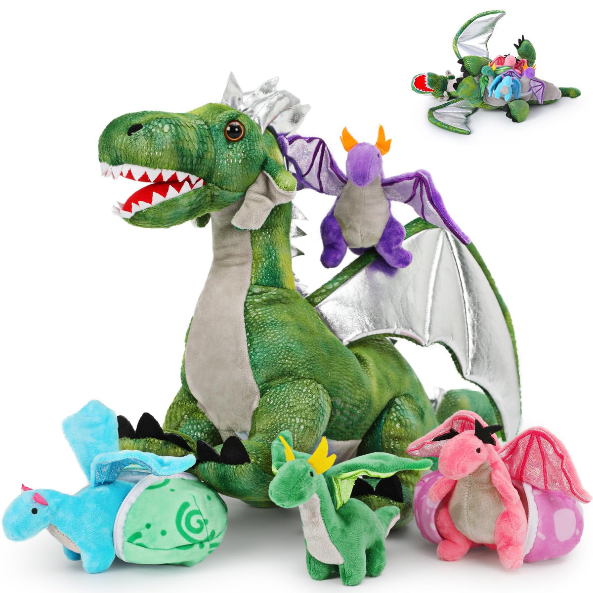 Karister giant green dragon plush with four babies for imaginative play.