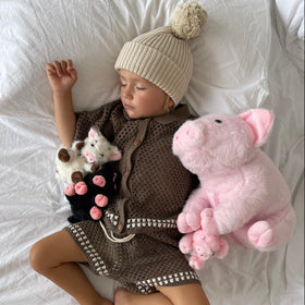 Children playing with Karister pig family plush during storytime.
