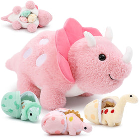 Karister pink mother dinosaur with eggs offers soft cuddly companionship for bedtime and play.